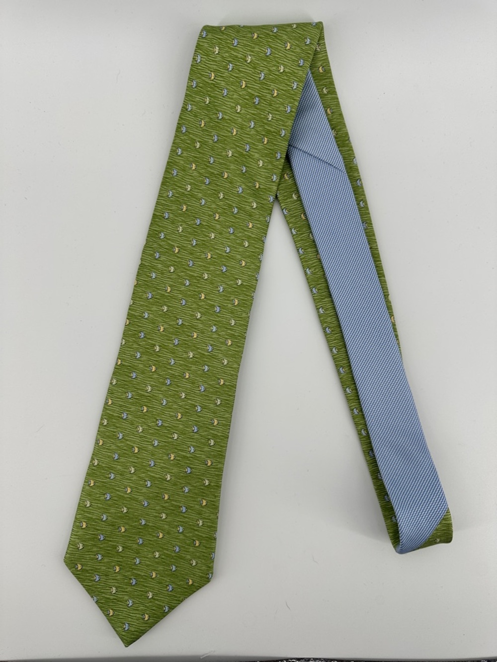 Tommy Hilfiger Y2K Nautical Preppy Ivy League Green Fish Patterned Silk Tie
